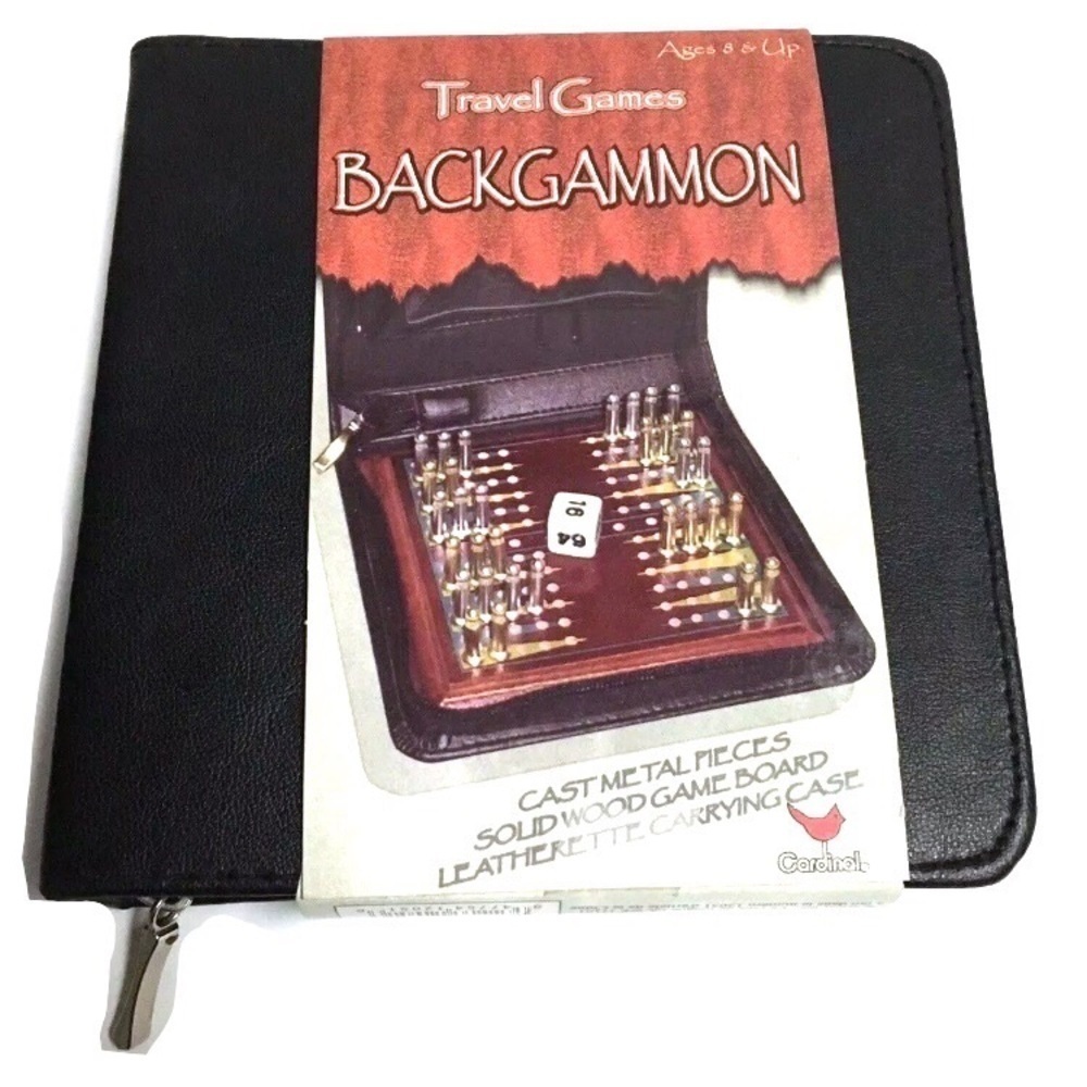 VINTAGE Backgammon Mini Travel Game Zipper Carry Case Retro Wood Leatherette
